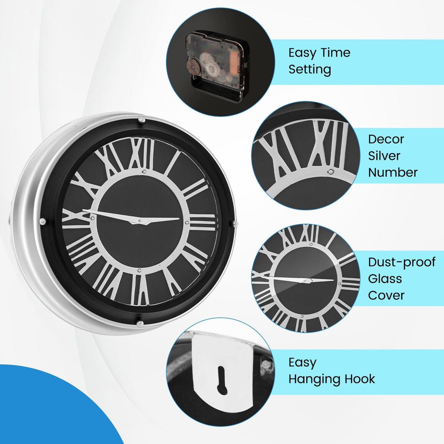 17.5 Inch Silent Quartz Wall Clock with Elegant Silver Frame