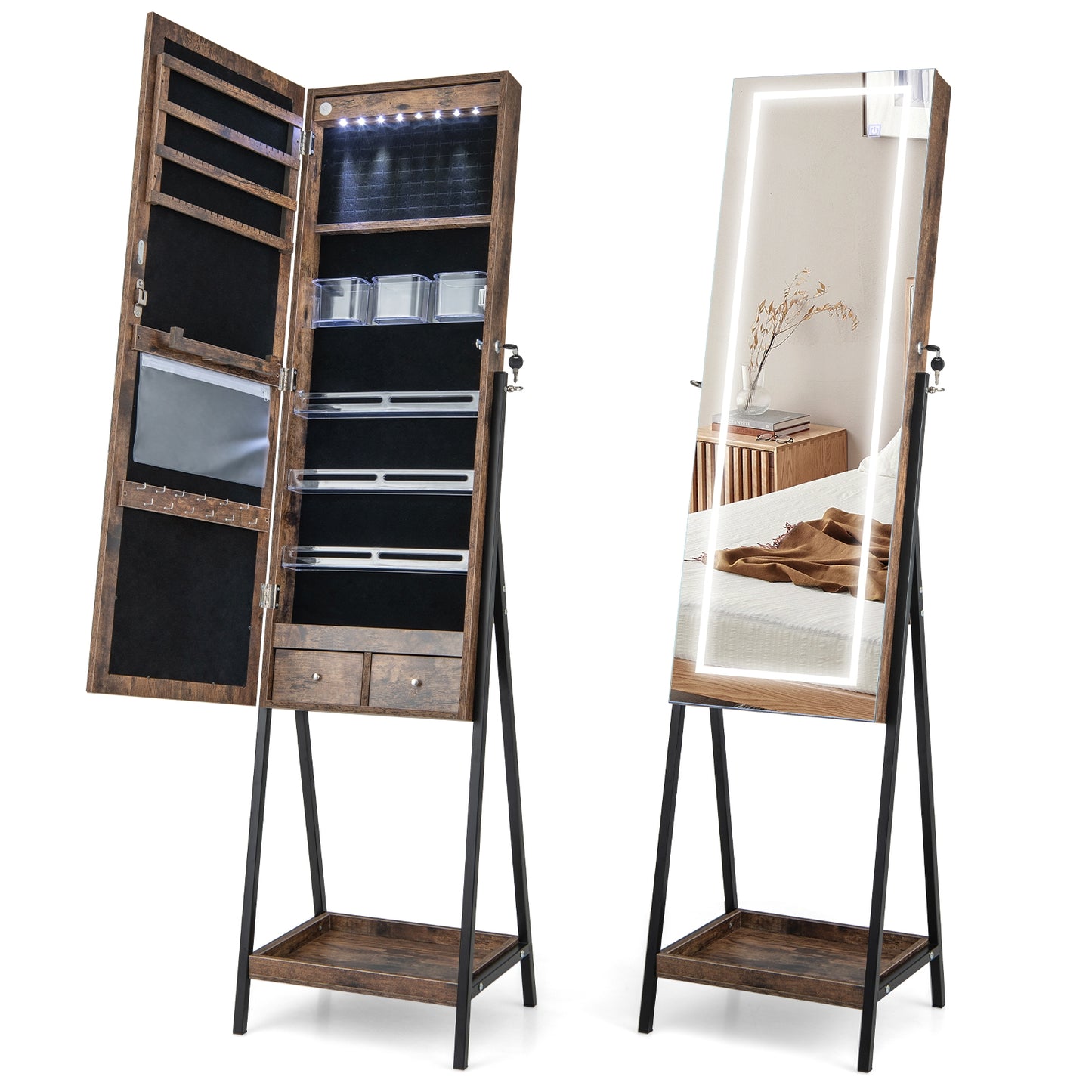 LED Jewelry Armoire with 3-Color Lighted Full-Length Mirror, Lockable Storage, and Standing Design – Rustic Brown