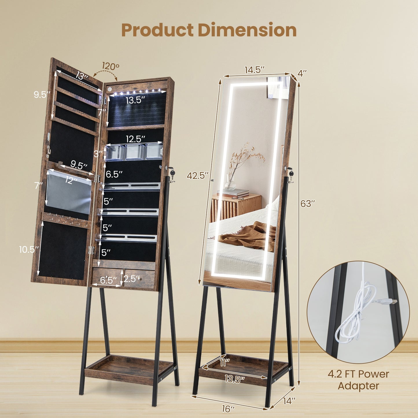 LED Jewelry Armoire with 3-Color Lighted Full-Length Mirror, Lockable Storage, and Standing Design – Rustic Brown
