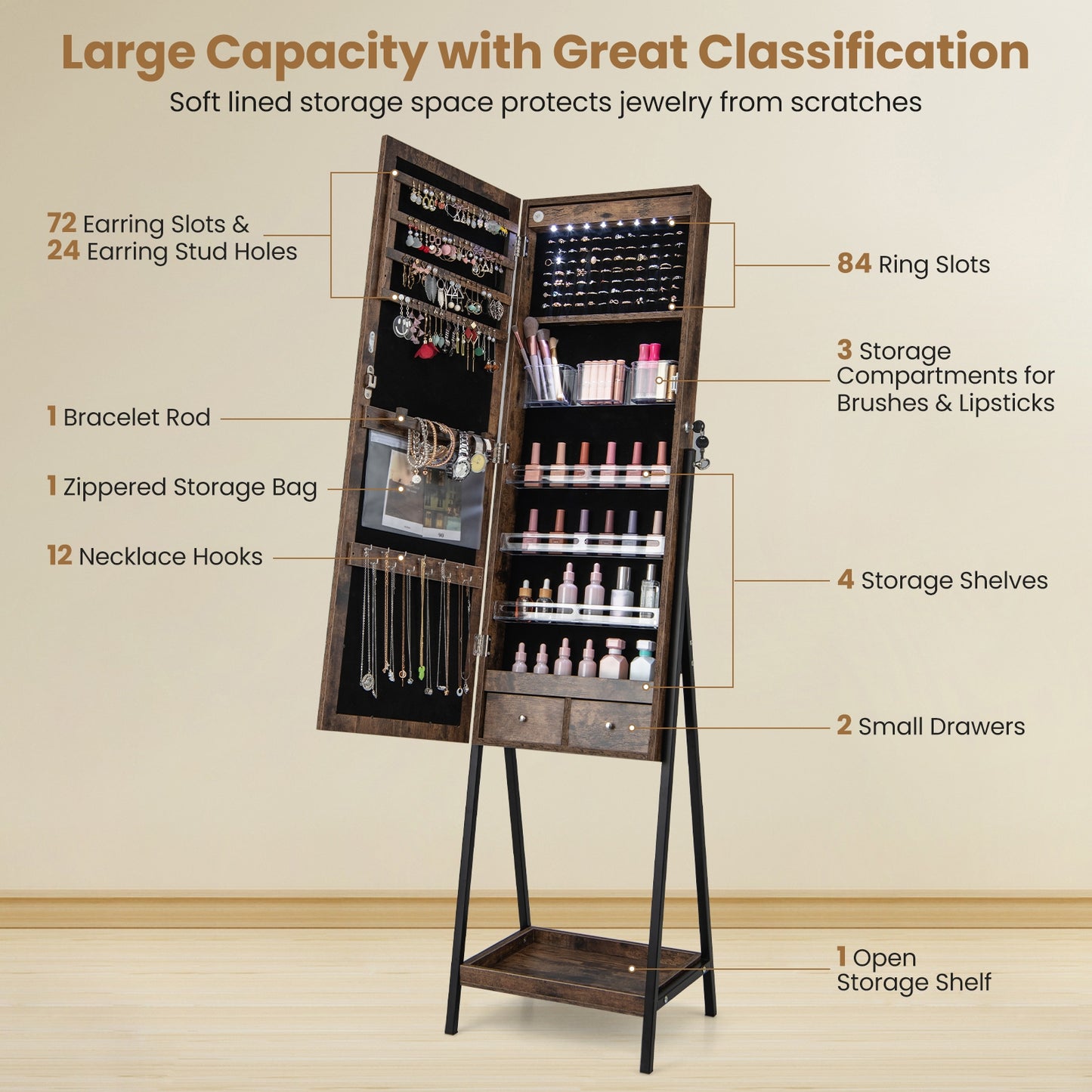 LED Jewelry Armoire with 3-Color Lighted Full-Length Mirror, Lockable Storage, and Standing Design – Rustic Brown