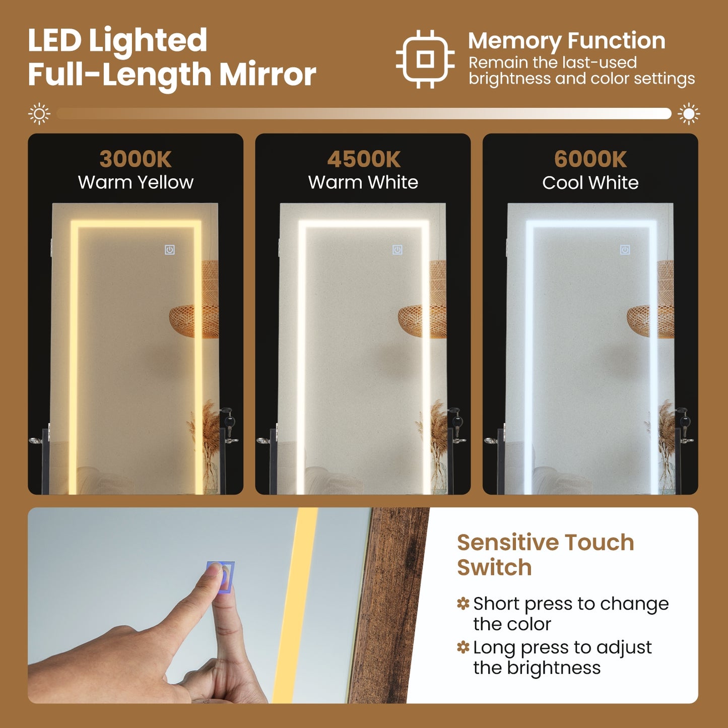 LED Jewelry Armoire with 3-Color Lighted Full-Length Mirror, Lockable Storage, and Standing Design – Rustic Brown