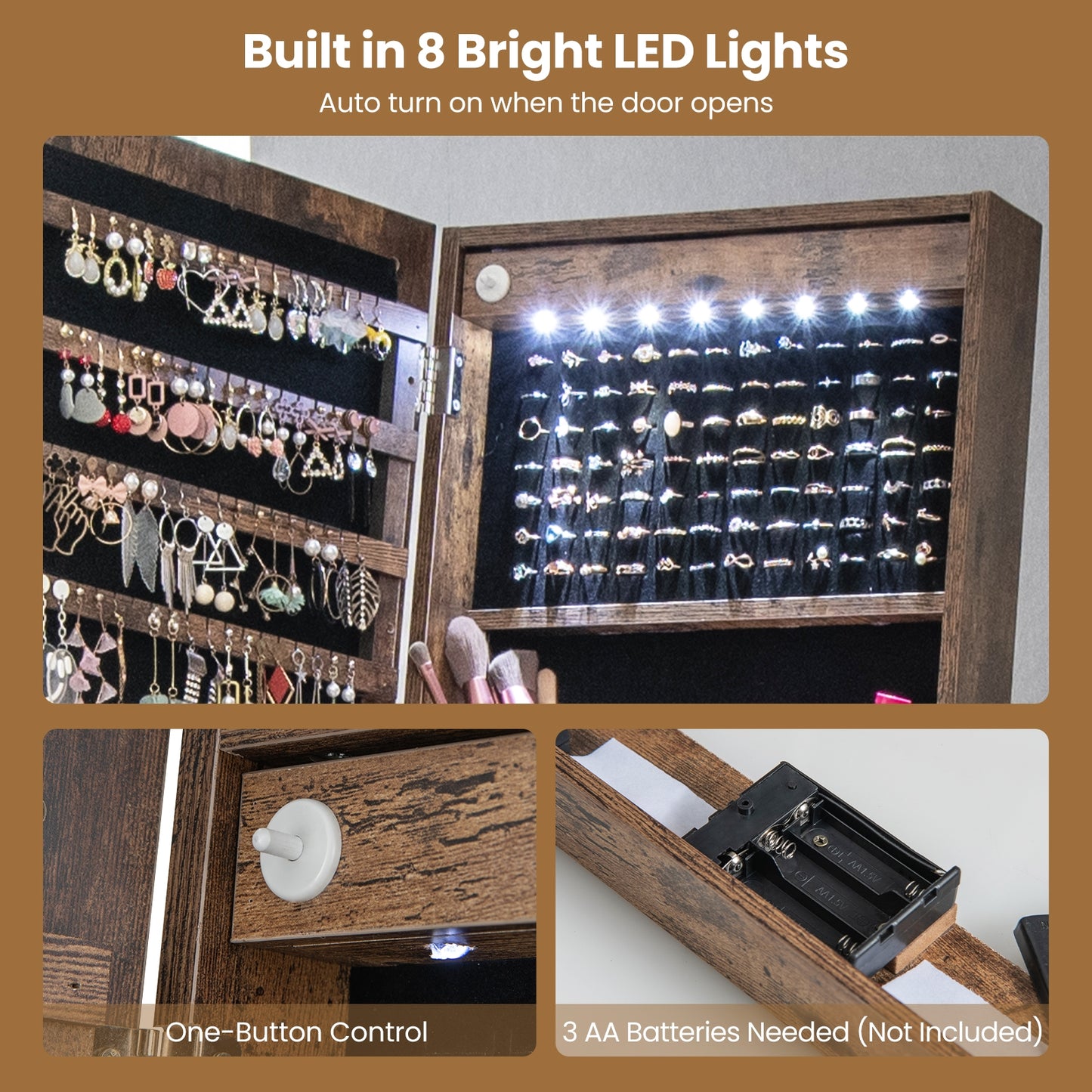 LED Jewelry Armoire with 3-Color Lighted Full-Length Mirror, Lockable Storage, and Standing Design – Rustic Brown