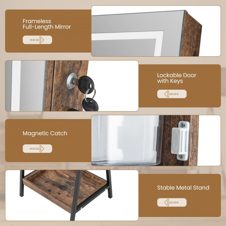 LED Jewelry Armoire with 3-Color Lighted Full-Length Mirror, Lockable Storage, and Standing Design – Rustic Brown