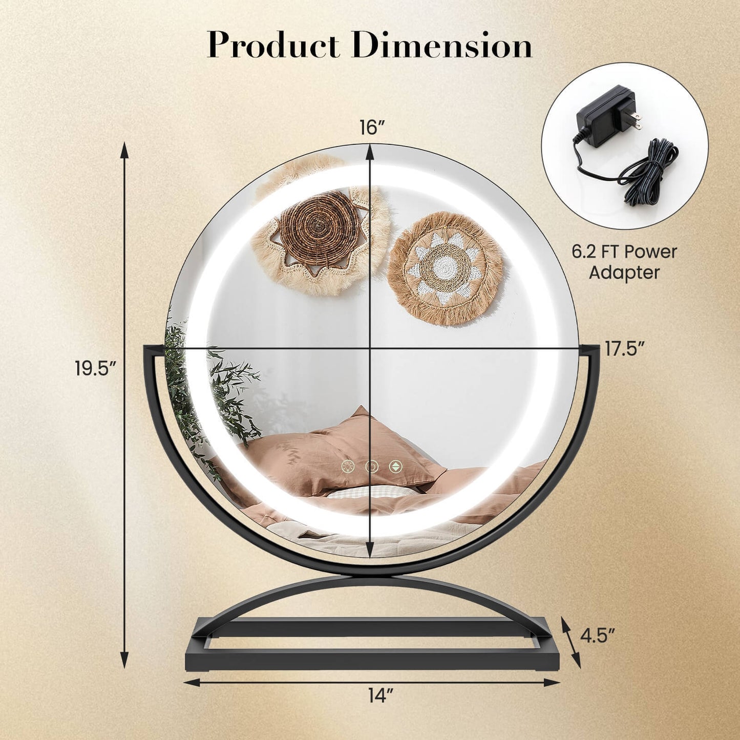 16 Inch LED Vanity Mirror with 3 Color Modes & Dimmable Lighting for Perfect Makeup - Black