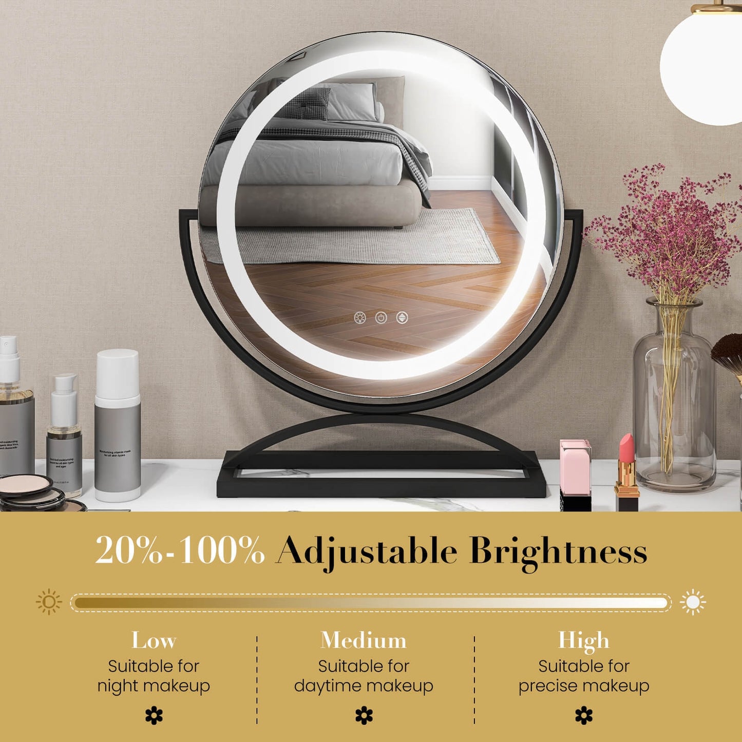 16 Inch LED Vanity Mirror with 3 Color Modes & Dimmable Lighting for Perfect Makeup - Black