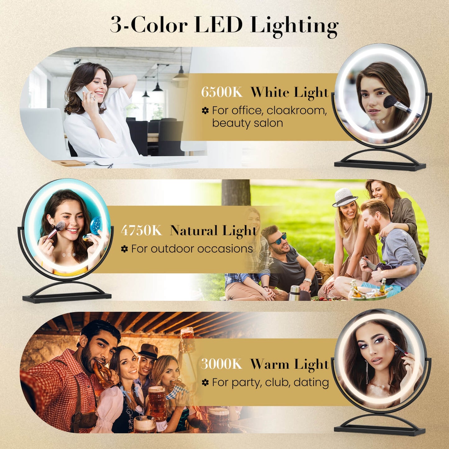 16 Inch LED Vanity Mirror with 3 Color Modes & Dimmable Lighting for Perfect Makeup - Black