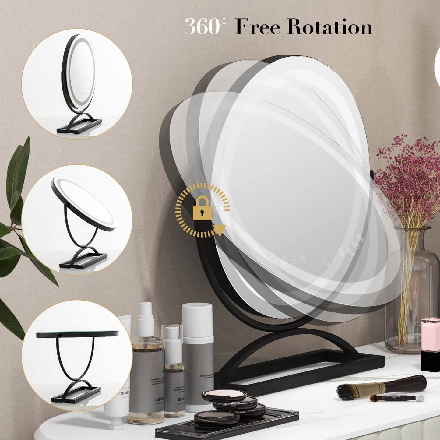 16 Inch LED Vanity Mirror with 3 Color Modes & Dimmable Lighting for Perfect Makeup - Black