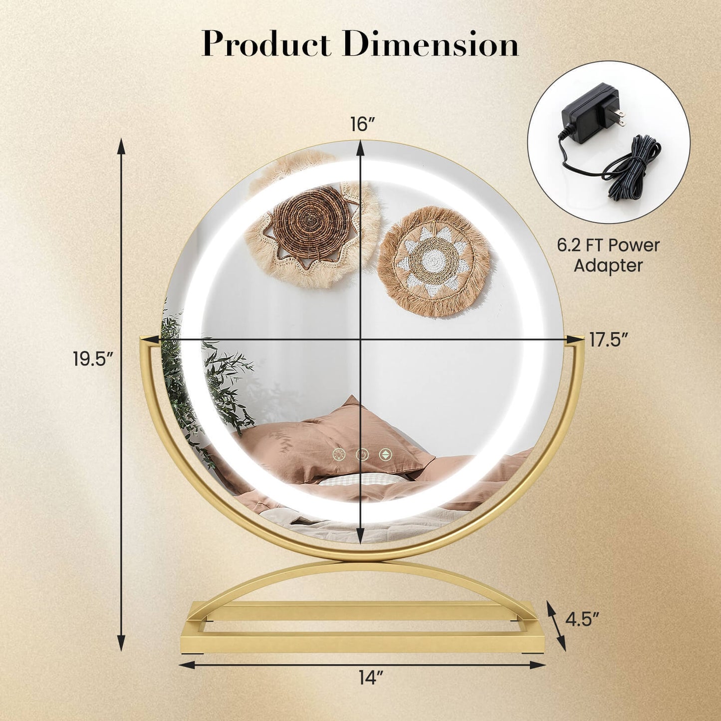 16 Inch LED Vanity Mirror with 3 Color Modes & Dimmable Lighting for Perfect Makeup - Golden