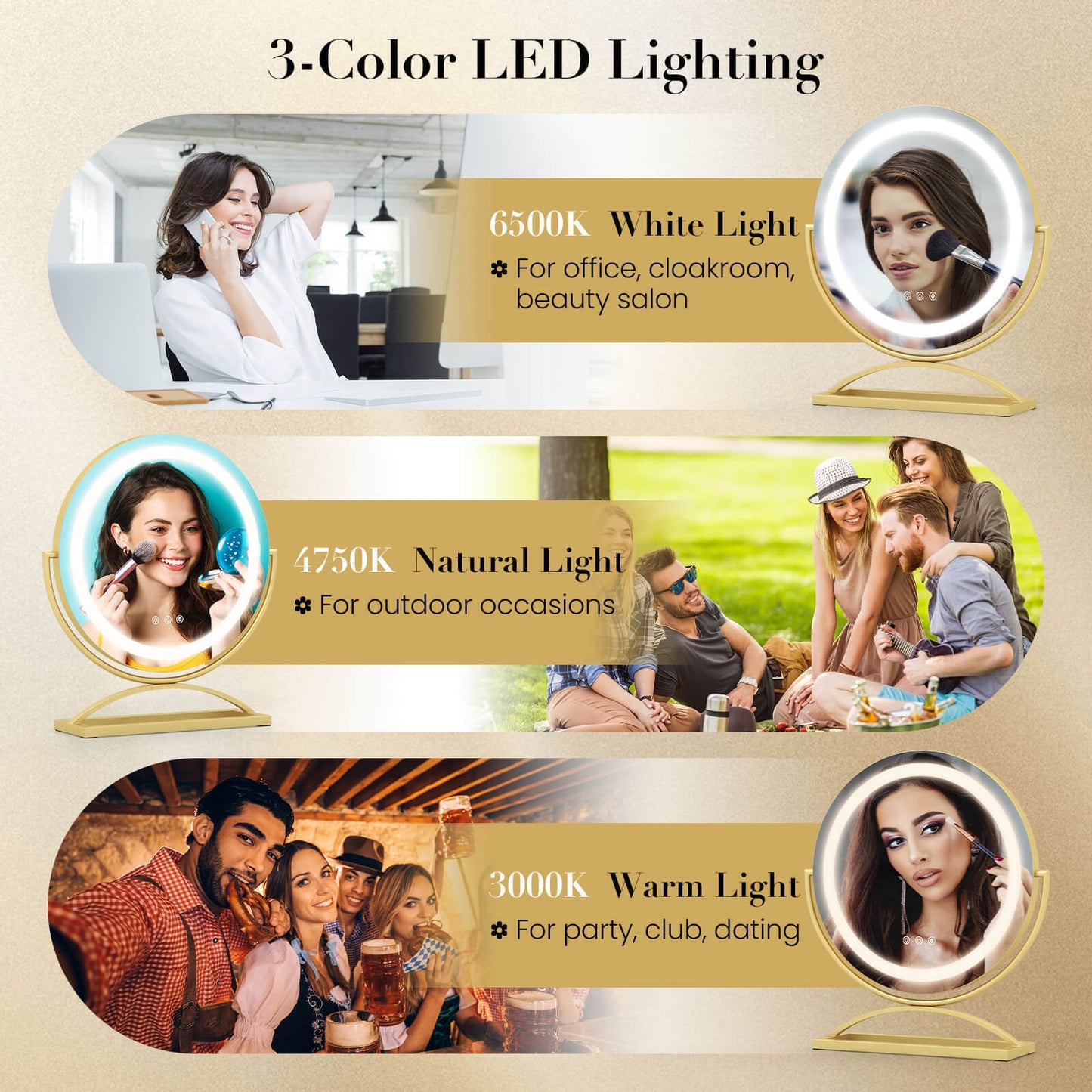 16 Inch LED Vanity Mirror with 3 Color Modes & Dimmable Lighting for Perfect Makeup - Golden