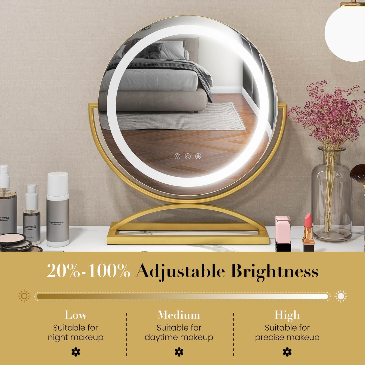 16 Inch LED Vanity Mirror with 3 Color Modes & Dimmable Lighting for Perfect Makeup - Golden
