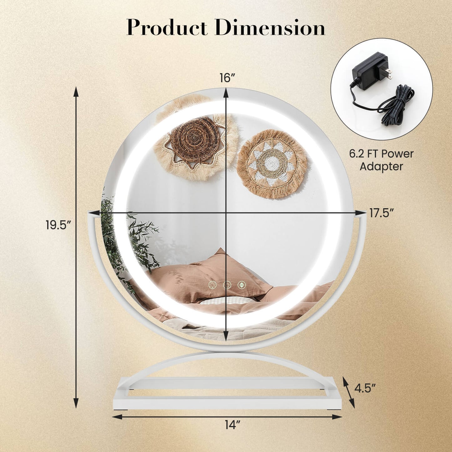 16 Inch LED Vanity Mirror with 3 Color Modes & Dimmable Lighting for Perfect Makeup - White