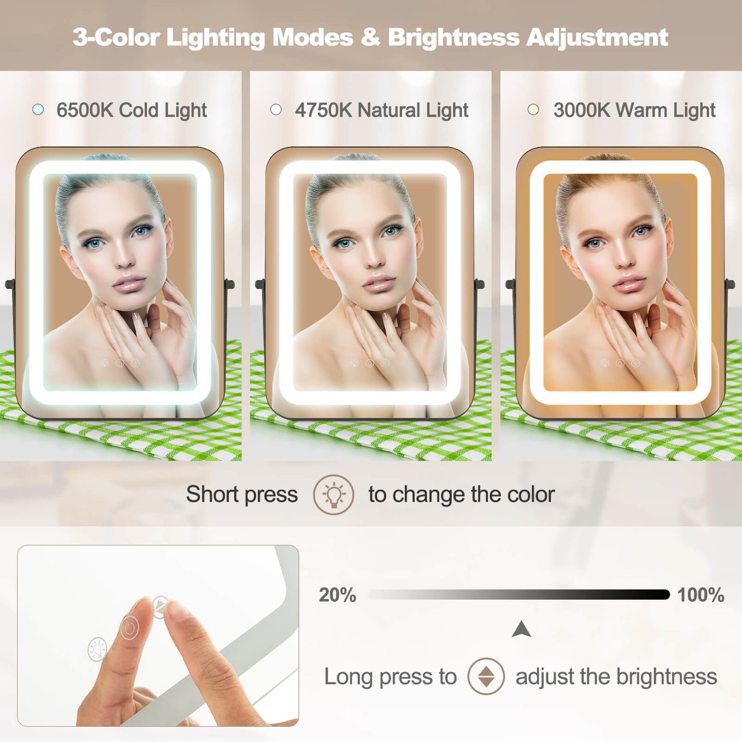 16 x 12 Inch LED Vanity Mirror with 3 Color Modes & Dimmable Lighting for Perfect Makeup - Black