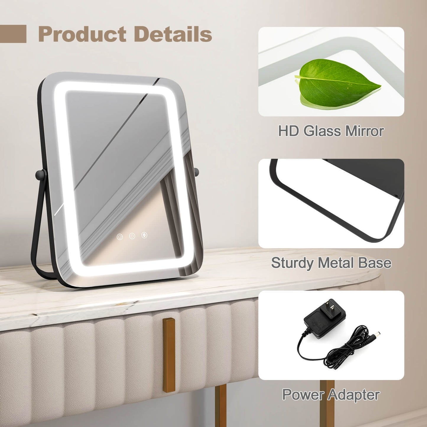 16 x 12 Inch LED Vanity Mirror with 3 Color Modes & Dimmable Lighting for Perfect Makeup - Black