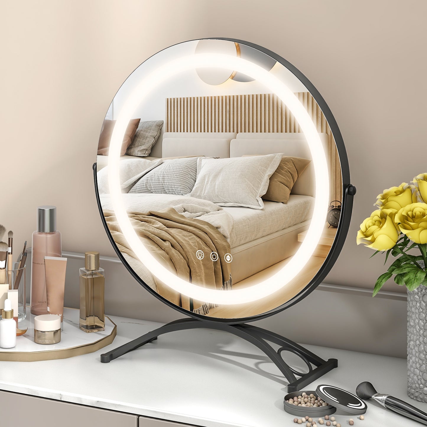 16 Inch Round LED Makeup Vanity Mirror with 3-Color Lighting, Dimmable Brightness, and Touch Controls – Black