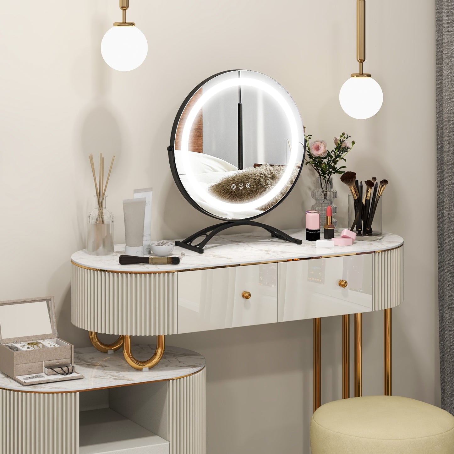 16 Inch Round LED Makeup Vanity Mirror with 3-Color Lighting, Dimmable Brightness, and Touch Controls – Black