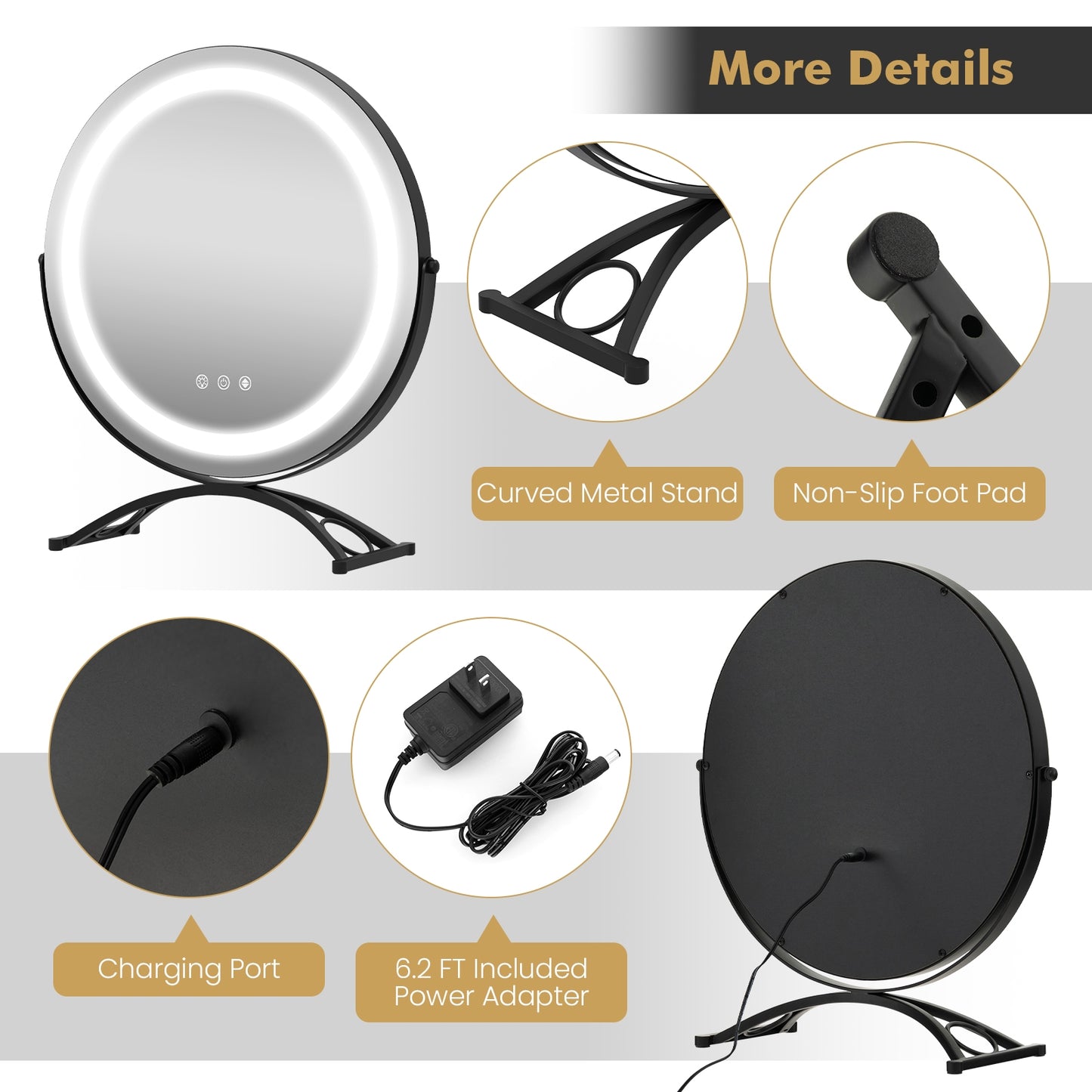 16 Inch Round LED Makeup Vanity Mirror with 3-Color Lighting, Dimmable Brightness, and Touch Controls – Black