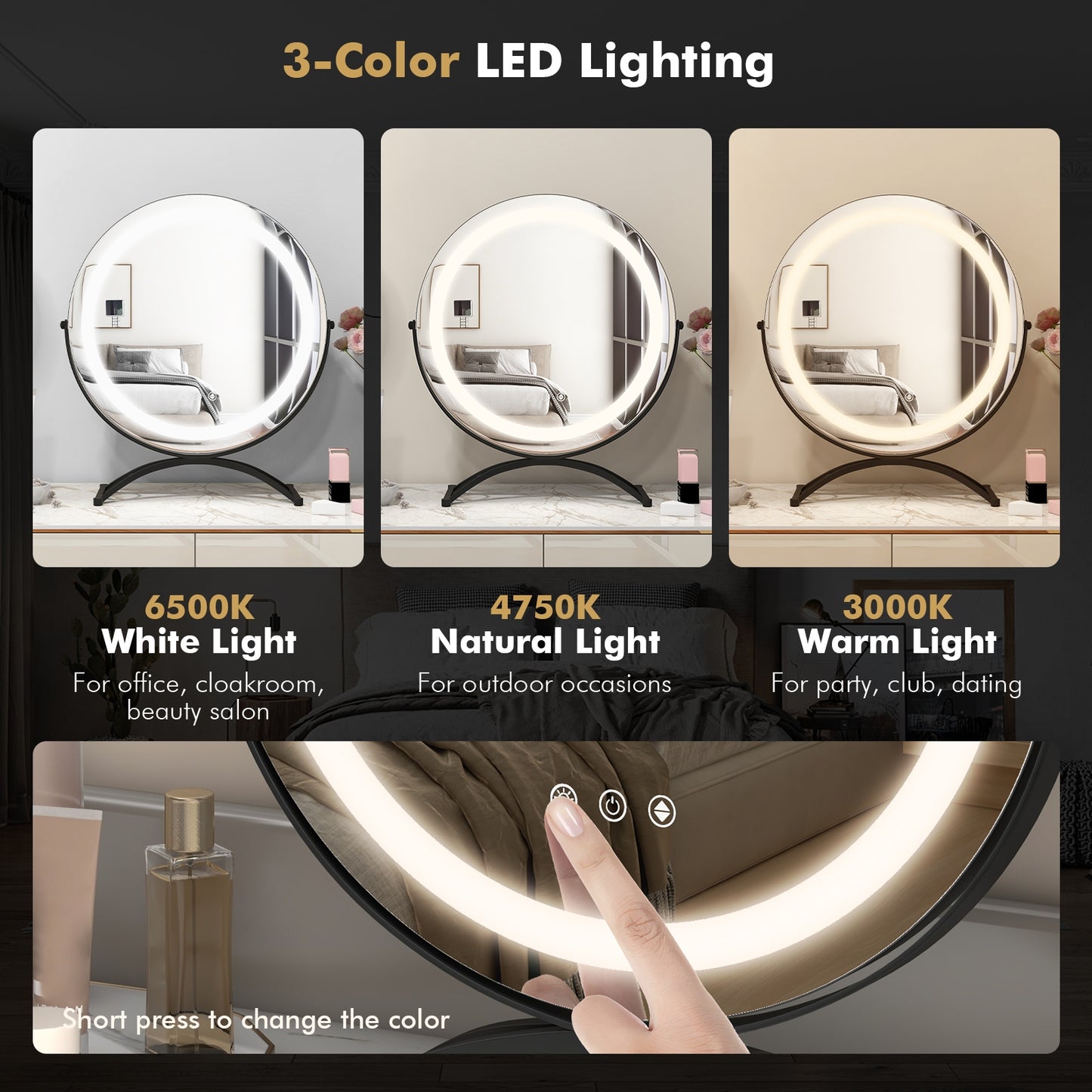 16 Inch Round LED Makeup Vanity Mirror with 3-Color Lighting, Dimmable Brightness, and Touch Controls – Black