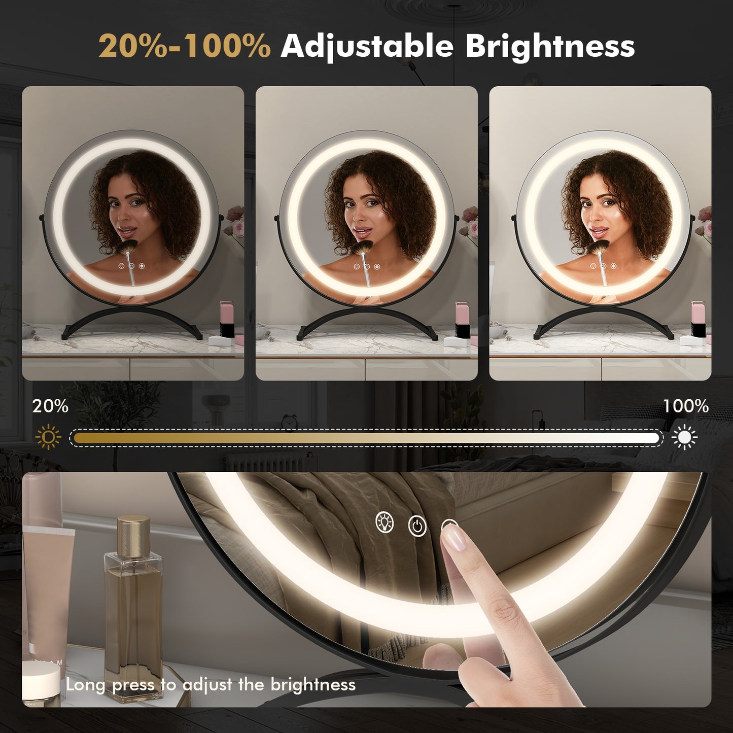 16 Inch Round LED Makeup Vanity Mirror with 3-Color Lighting, Dimmable Brightness, and Touch Controls – Black