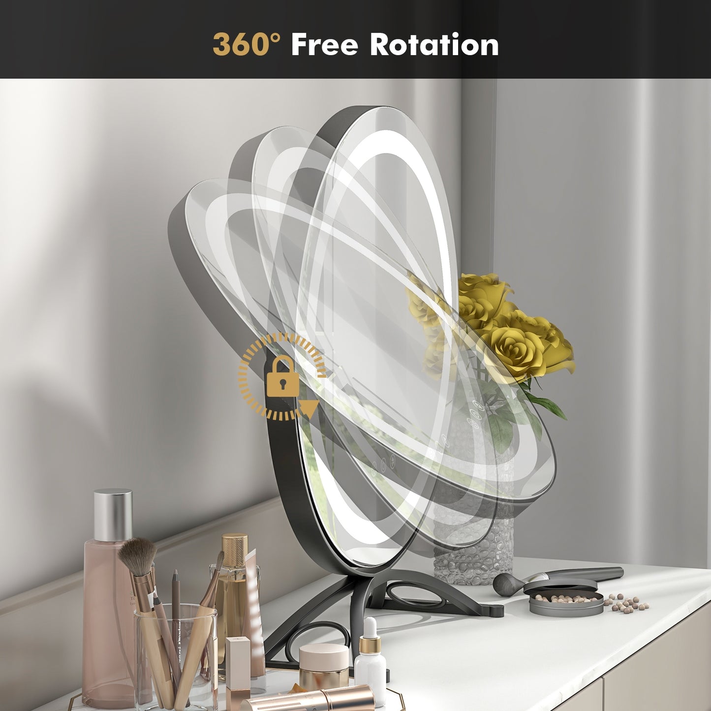 16 Inch Round LED Makeup Vanity Mirror with 3-Color Lighting, Dimmable Brightness, and Touch Controls – Black