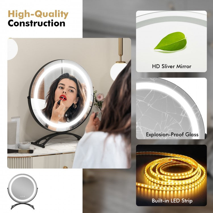 16 Inch Round LED Makeup Vanity Mirror with 3-Color Lighting, Dimmable Brightness, and Touch Controls – Black