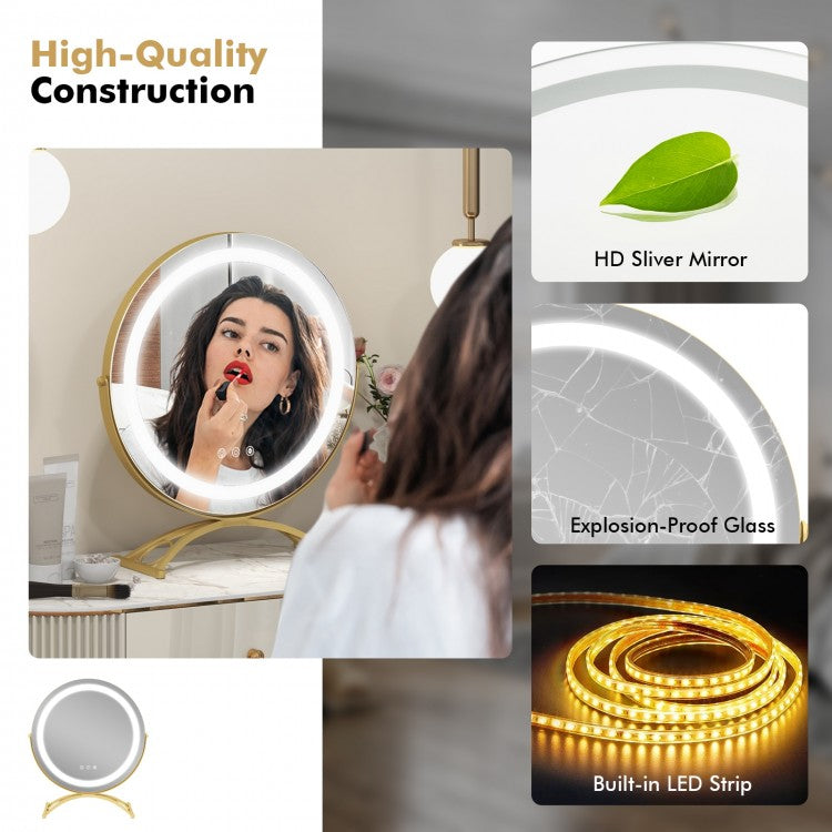 16 Inch Round LED Makeup Vanity Mirror with 3-Color Lighting, Dimmable Brightness, and Touch Controls – Golden