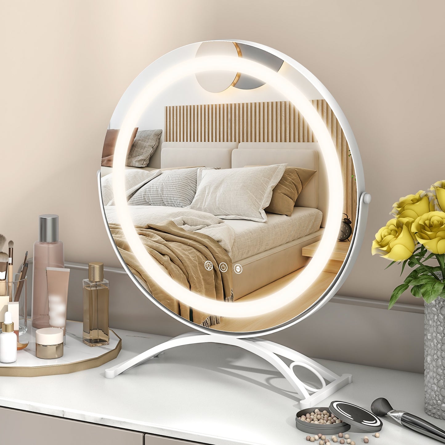 16 Inch Round LED Makeup Vanity Mirror with 3-Color Lighting, Dimmable Brightness, and Touch Controls – White