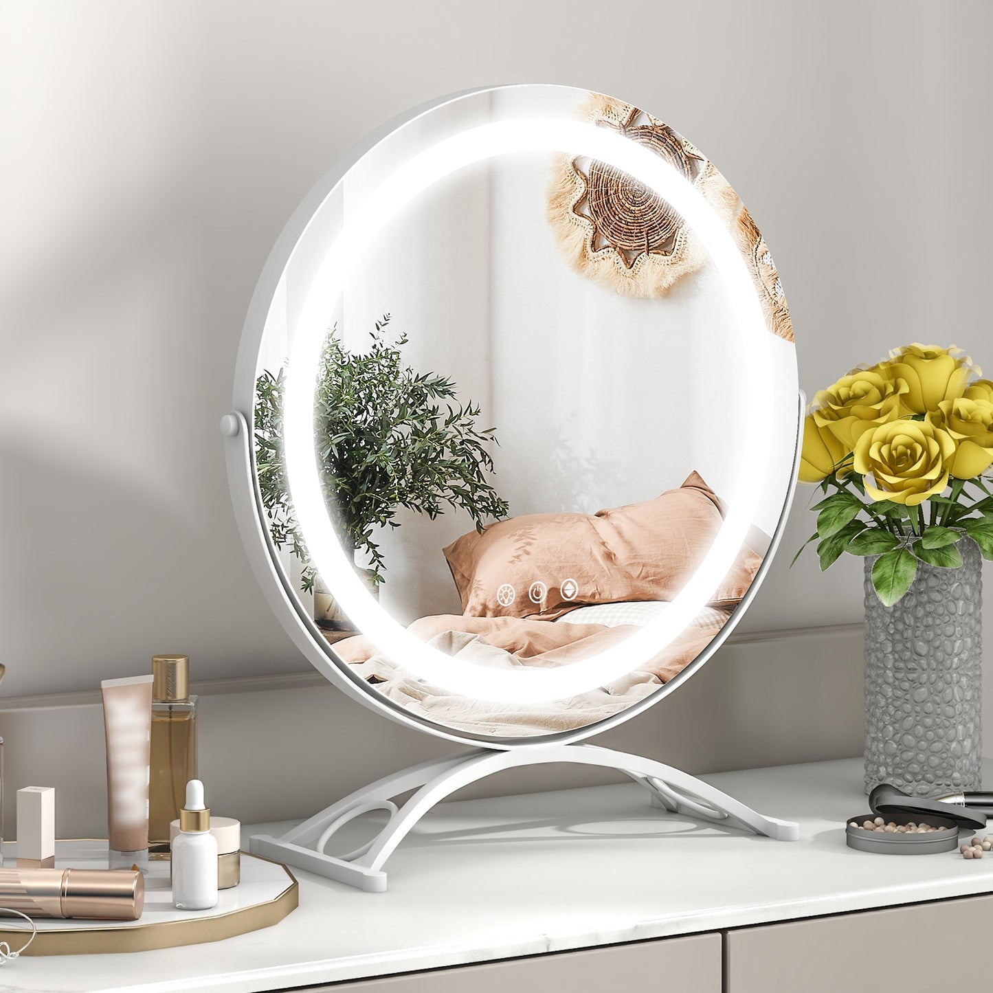 16 Inch Round LED Makeup Vanity Mirror with 3-Color Lighting, Dimmable Brightness, and Touch Controls – White