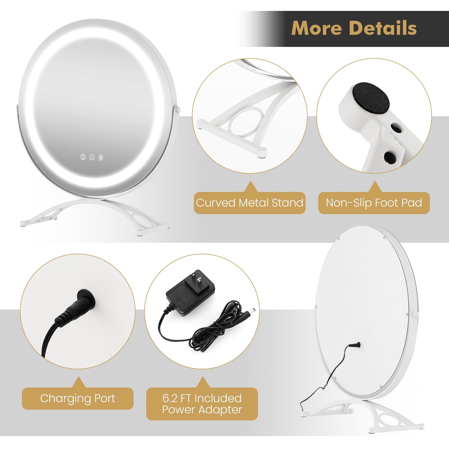 16 Inch Round LED Makeup Vanity Mirror with 3-Color Lighting, Dimmable Brightness, and Touch Controls – White