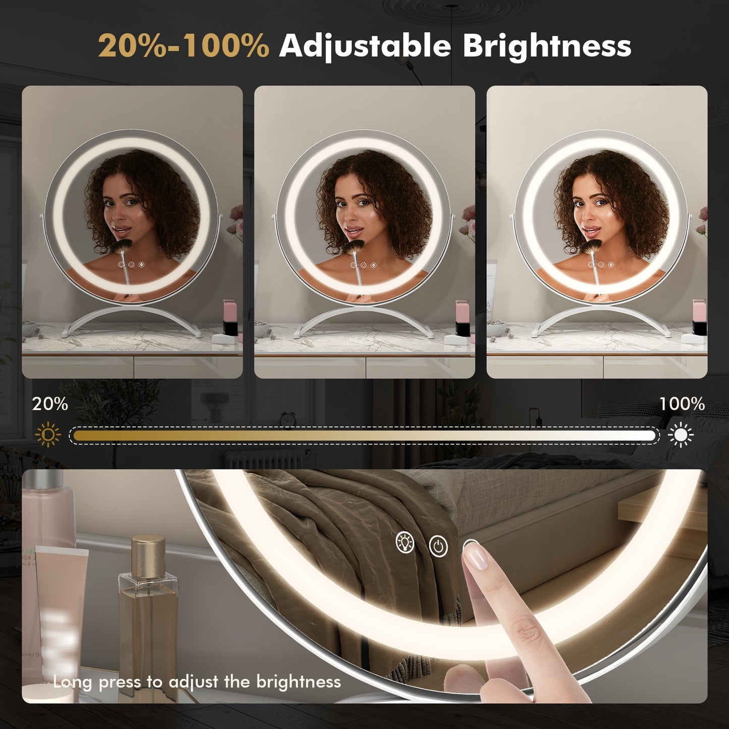 16 Inch Round LED Makeup Vanity Mirror with 3-Color Lighting, Dimmable Brightness, and Touch Controls – White