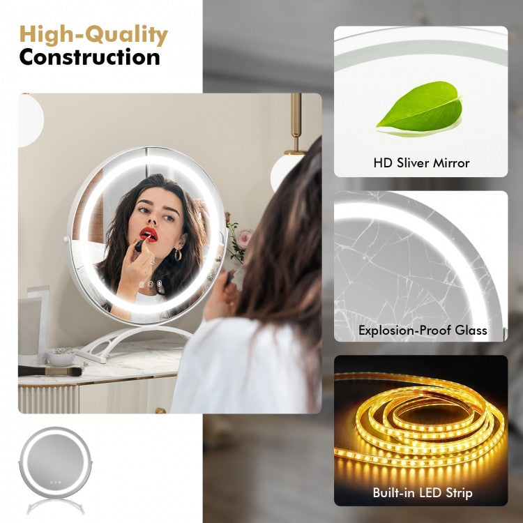 16 Inch Round LED Makeup Vanity Mirror with 3-Color Lighting, Dimmable Brightness, and Touch Controls – White