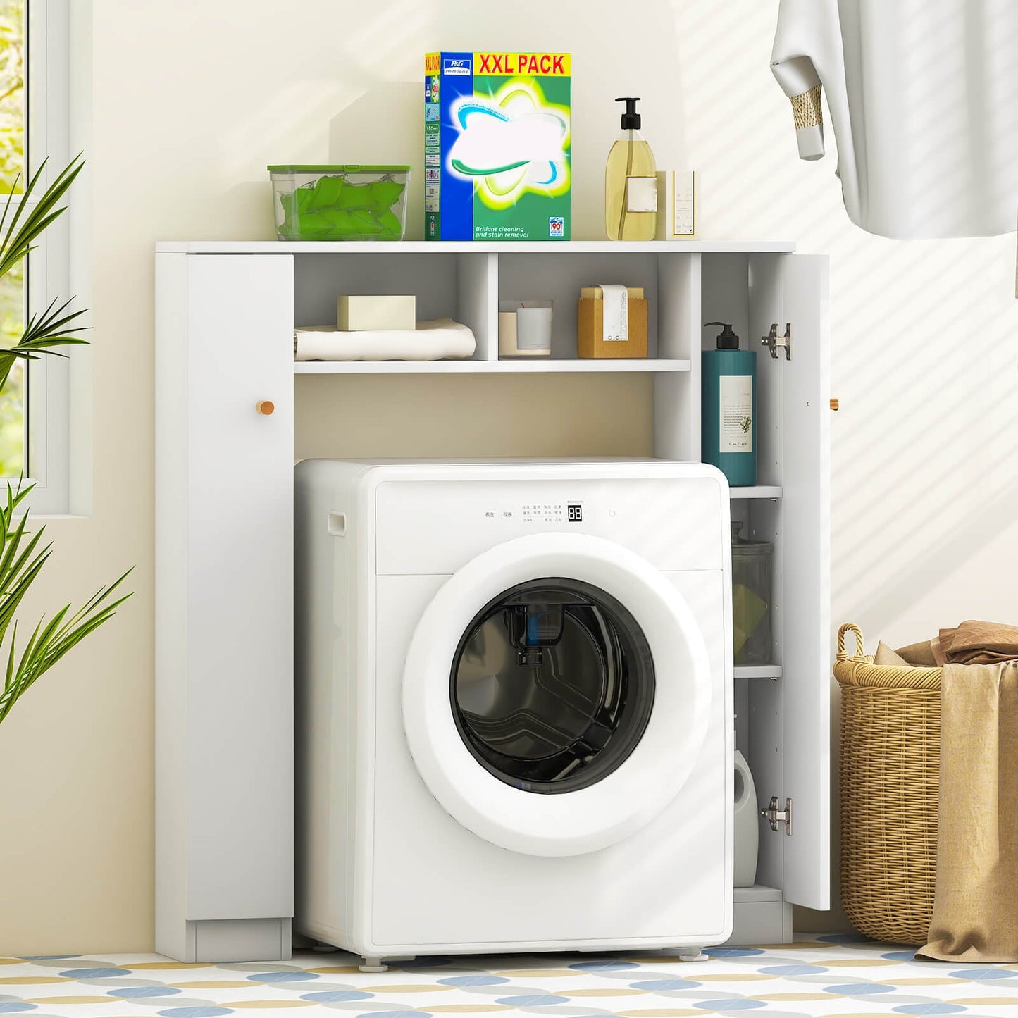 Over-The-Toilet Cabinet with Adjustable Shelves & Open Storage Compartments