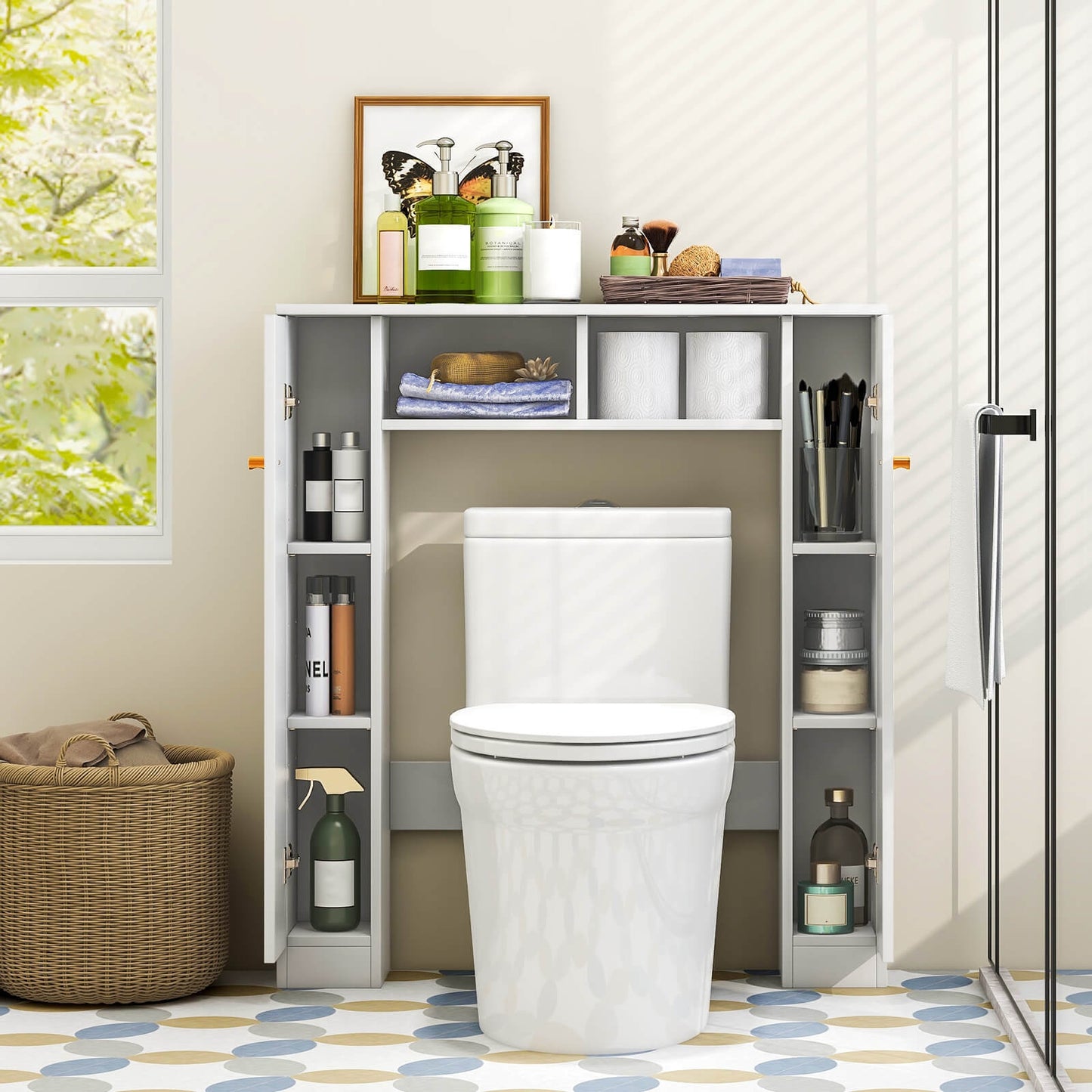 Over-The-Toilet Cabinet with Adjustable Shelves & Open Storage Compartments