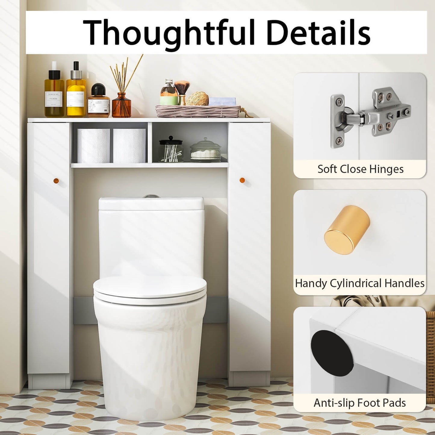 Over-The-Toilet Cabinet with Adjustable Shelves & Open Storage Compartments