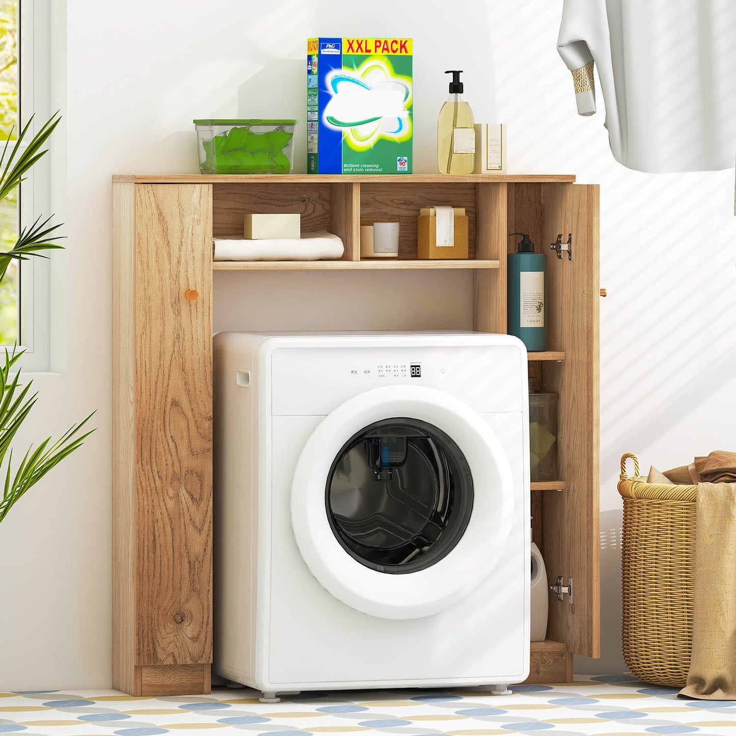 Over-The-Toilet Cabinet with Adjustable Shelves & Open Storage Compartments