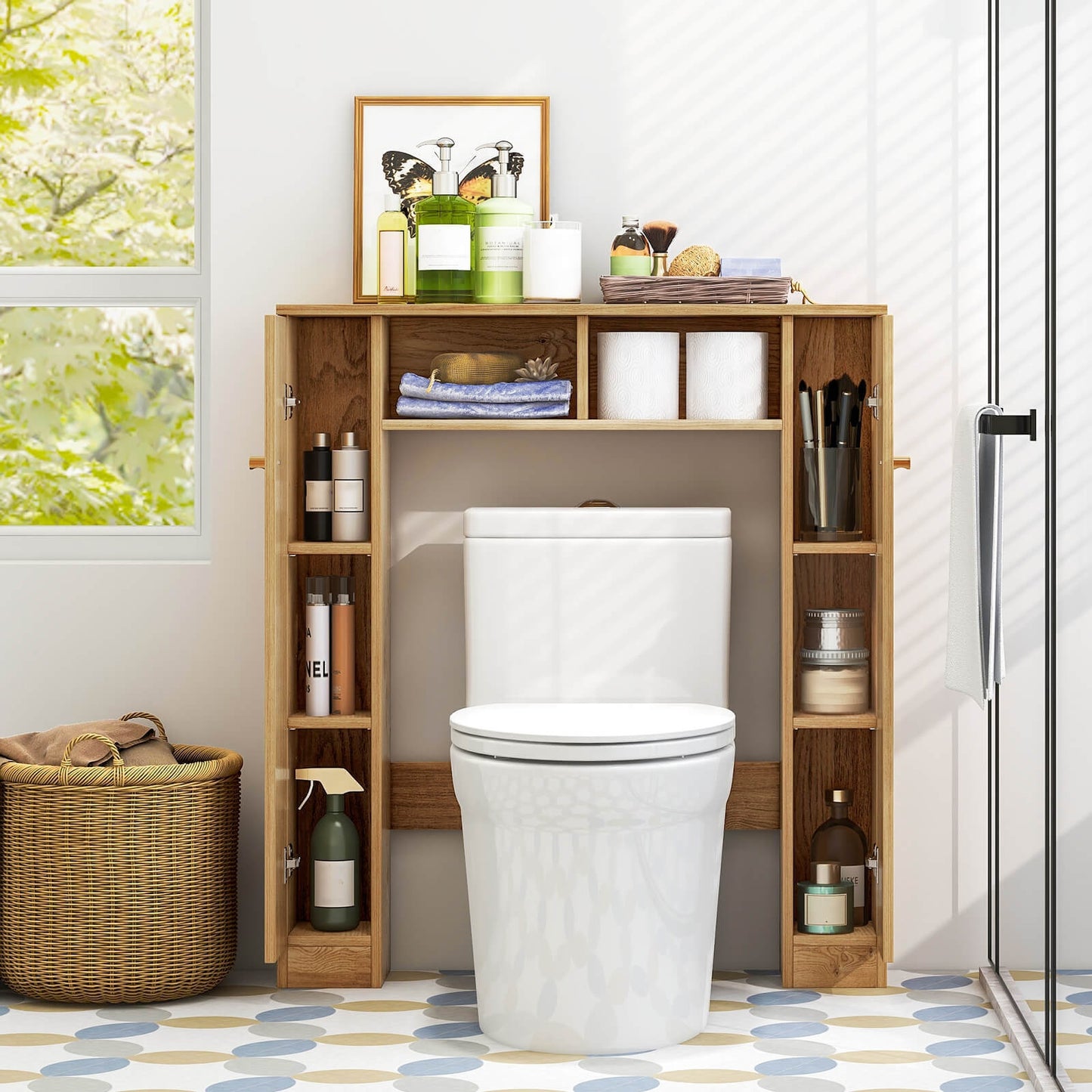 Over-The-Toilet Cabinet with Adjustable Shelves & Open Storage Compartments