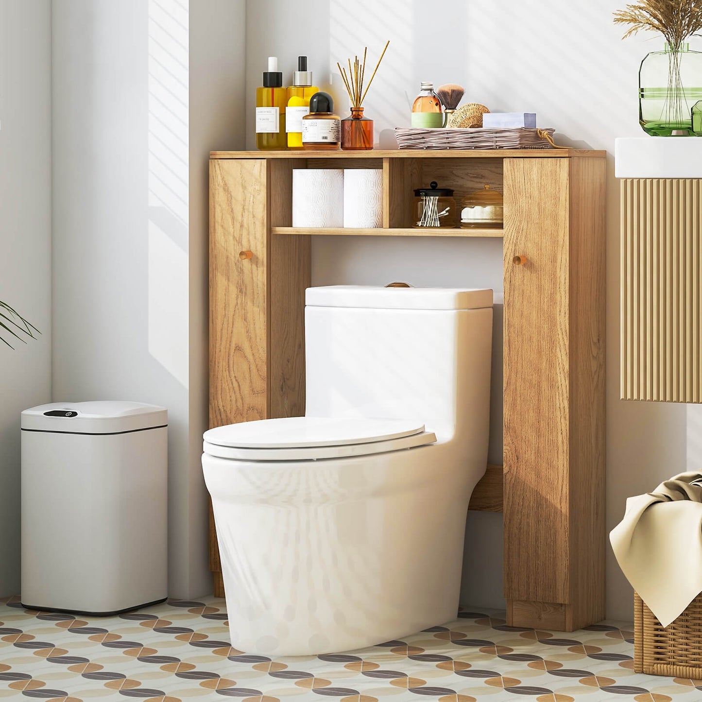 Over-The-Toilet Cabinet with Adjustable Shelves & Open Storage Compartments