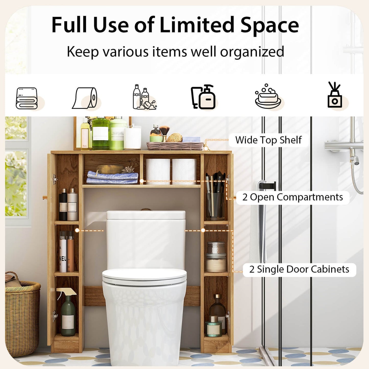 Over-The-Toilet Cabinet with Adjustable Shelves & Open Storage Compartments