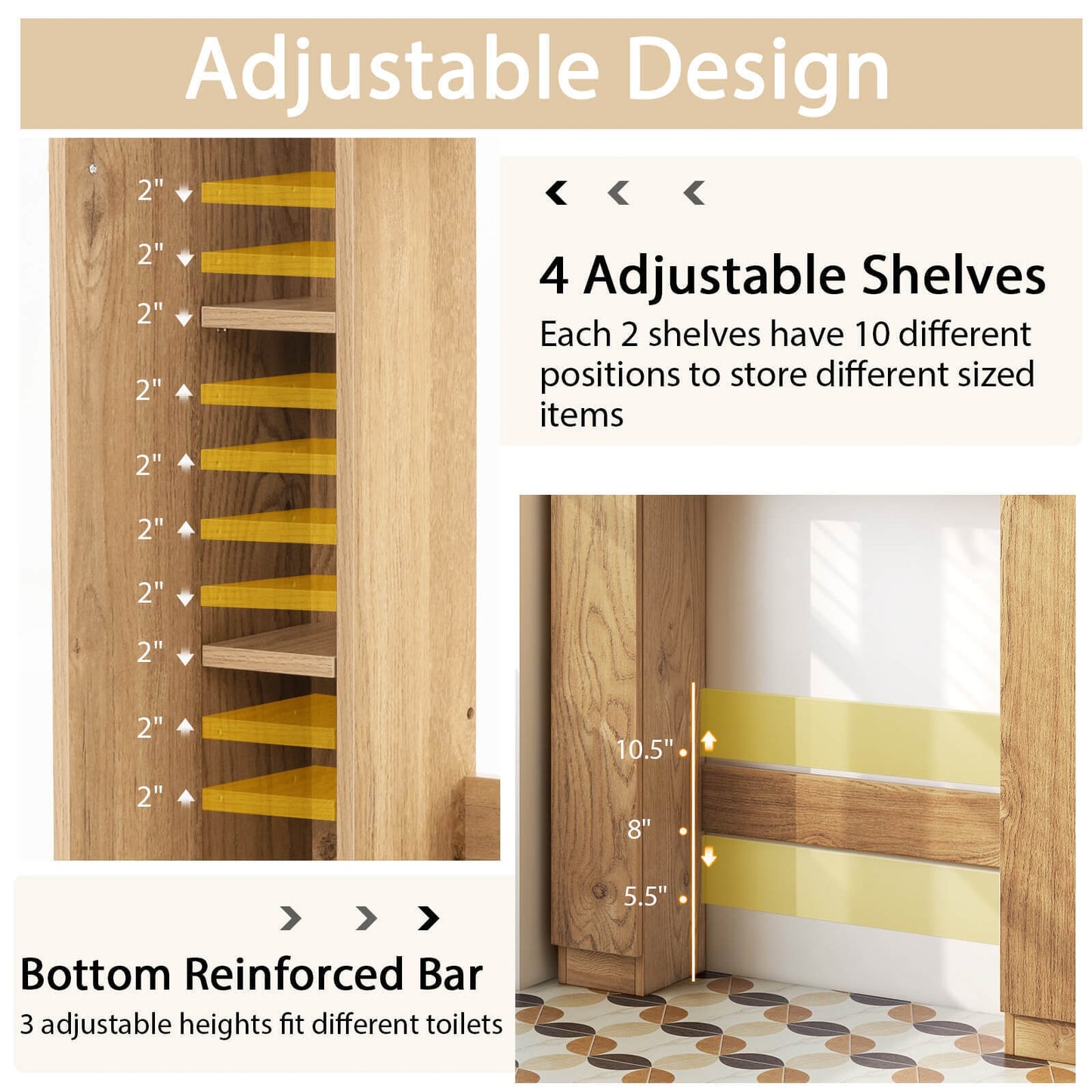 Over-The-Toilet Cabinet with Adjustable Shelves & Open Storage Compartments