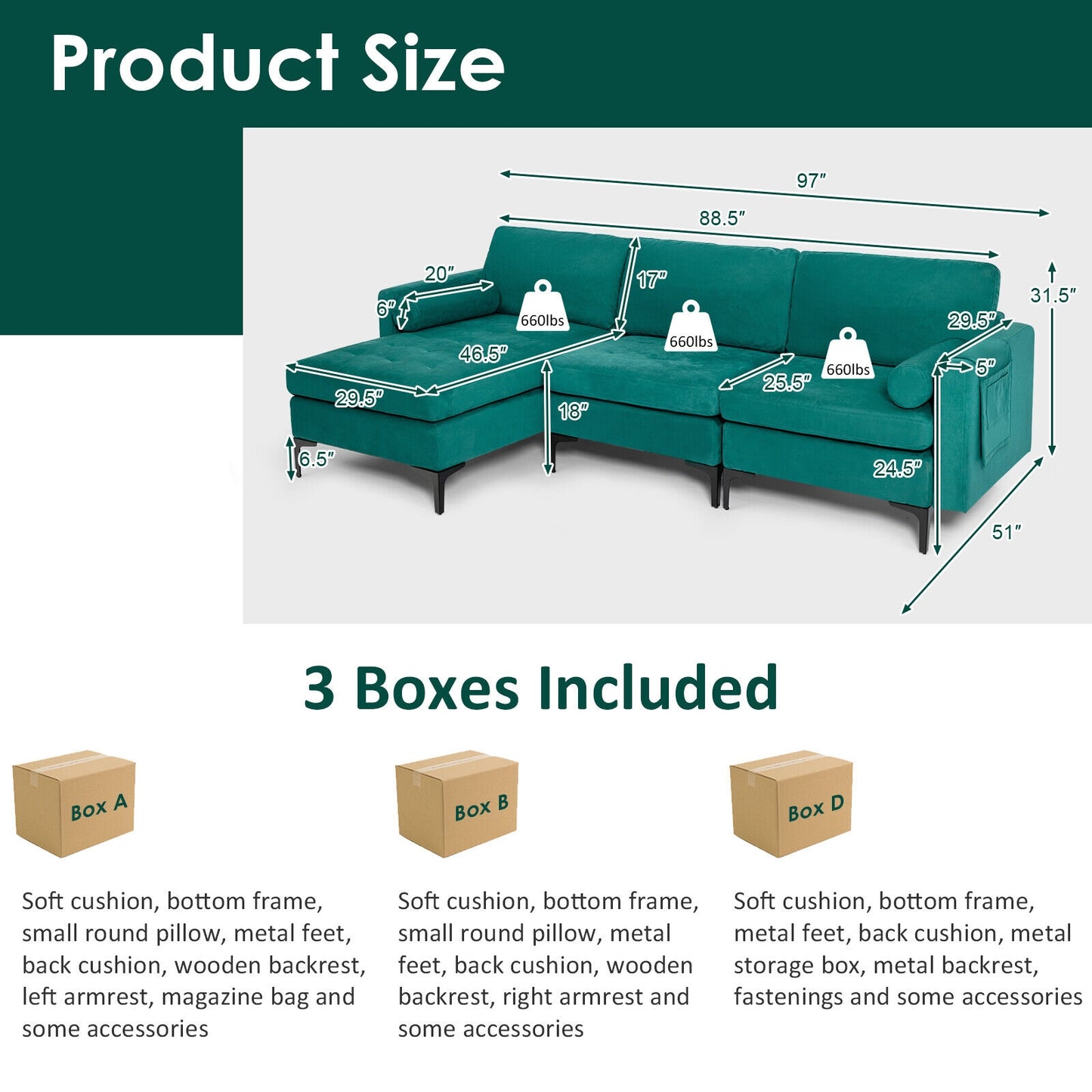 Modular L Shaped Sectional Sofa with Reversible Chaise USB Charging Ports and Hidden Storage in Teal
