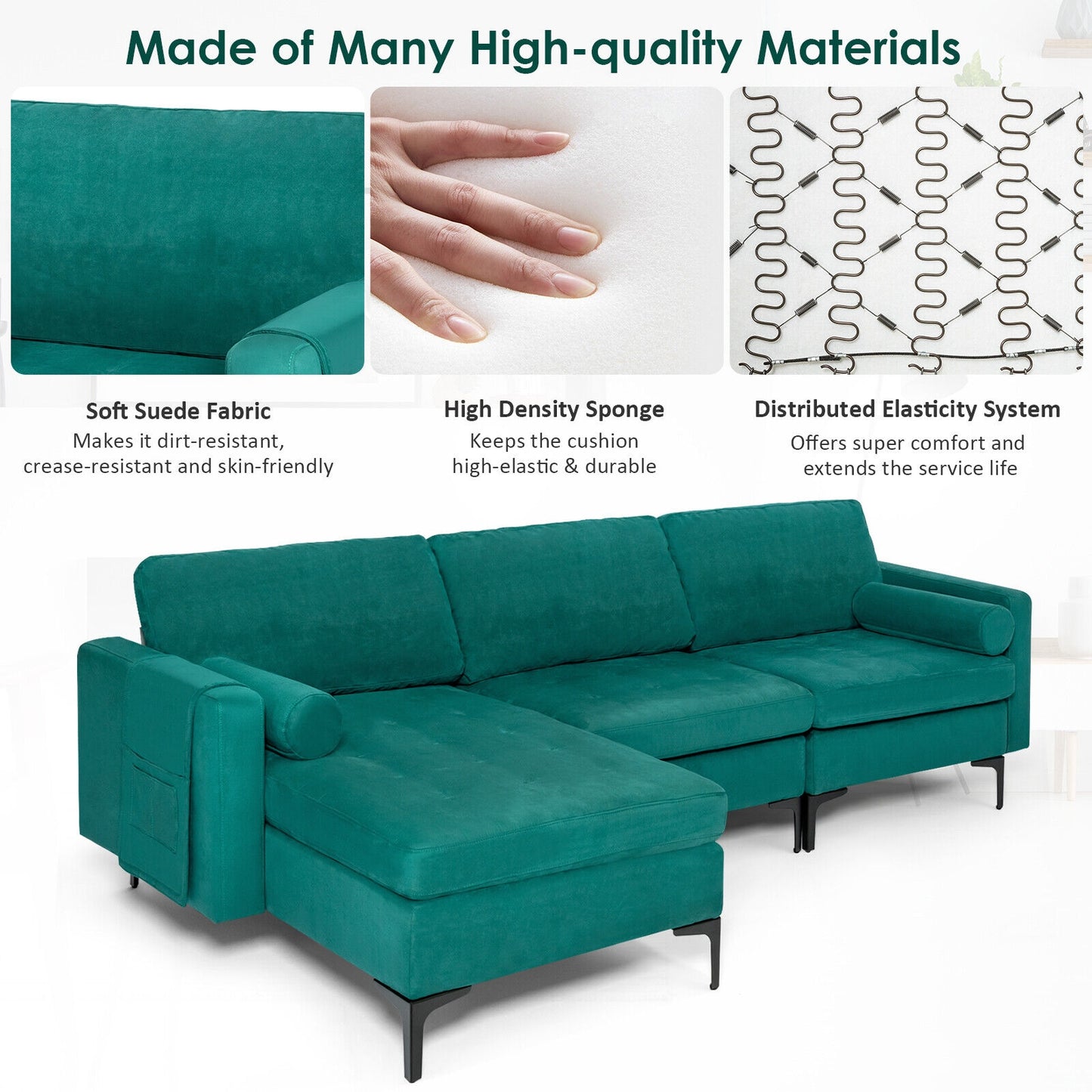 Modular L Shaped Sectional Sofa with Reversible Chaise USB Charging Ports and Hidden Storage in Teal