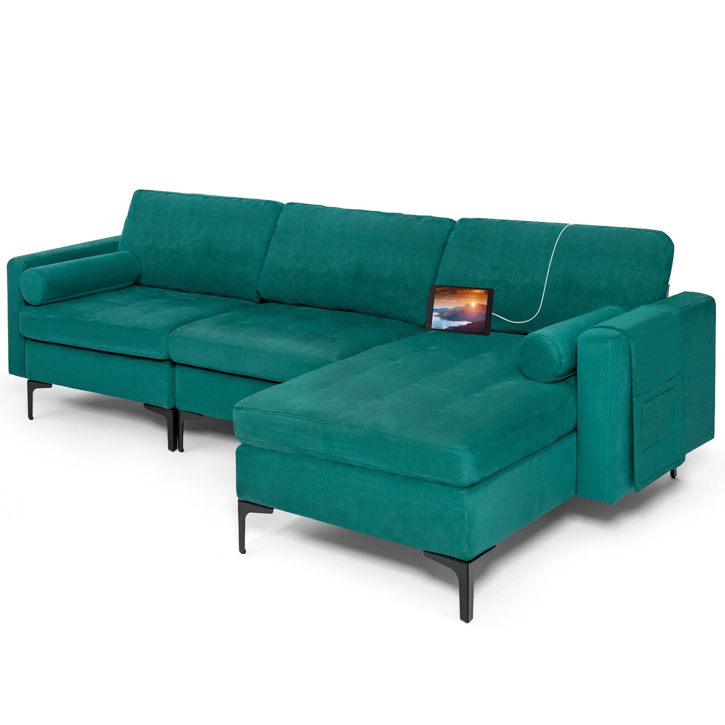 Modular L Shaped Sectional Sofa with Reversible Chaise USB Charging Ports and Hidden Storage in Teal