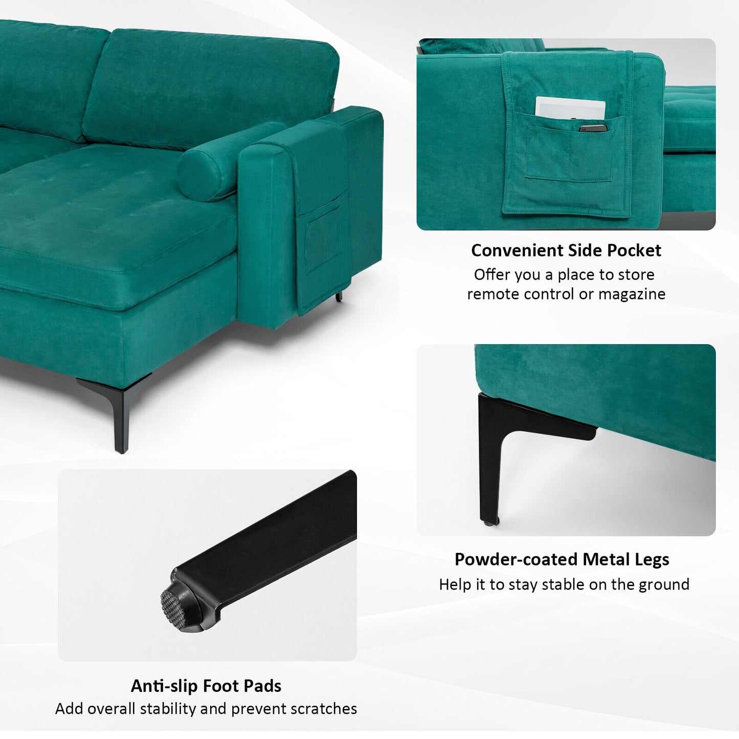 Modular L Shaped Sectional Sofa with Reversible Chaise USB Charging Ports and Hidden Storage in Teal