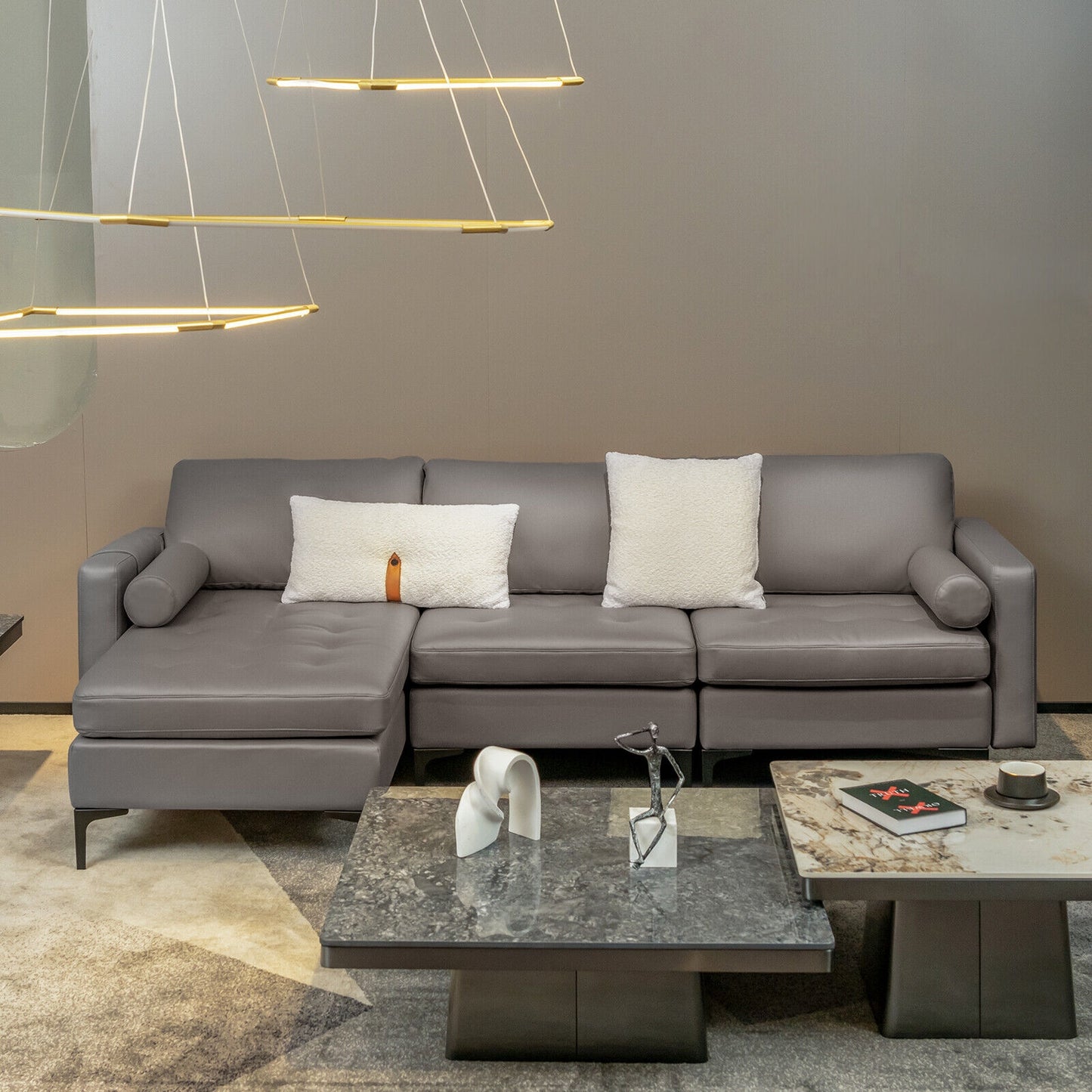 Modular L Shaped Sectional Sofa with Reversible Chaise USB Charging Ports and Hidden Storage in Light Grey