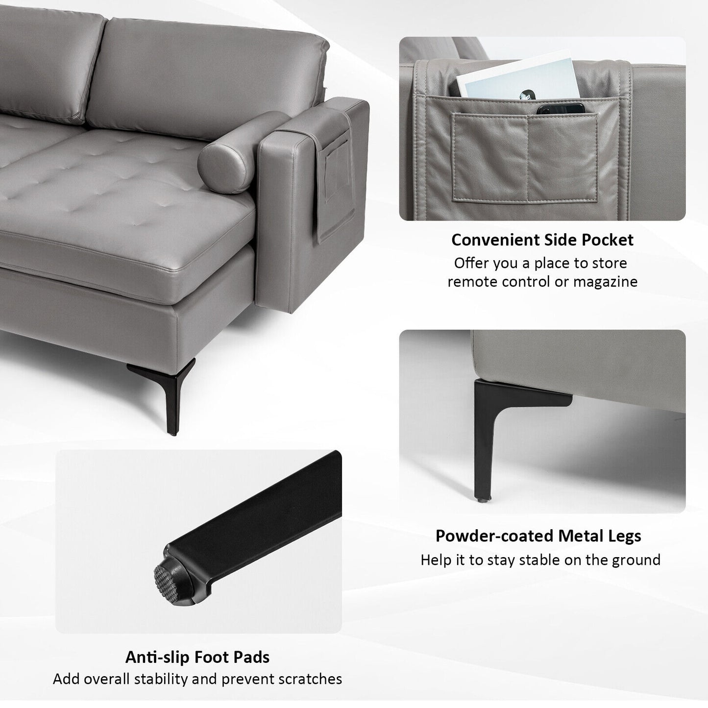 Modular L Shaped Sectional Sofa with Reversible Chaise USB Charging Ports and Hidden Storage in Light Grey