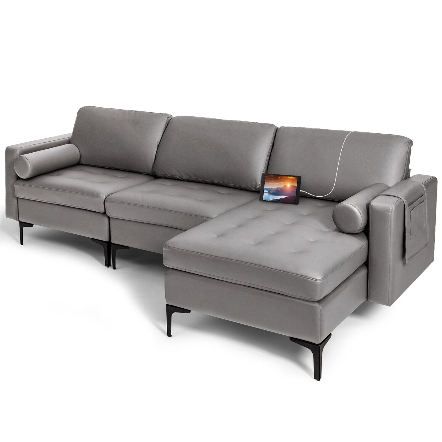 Modular L Shaped Sectional Sofa with Reversible Chaise USB Charging Ports and Hidden Storage in Light Grey