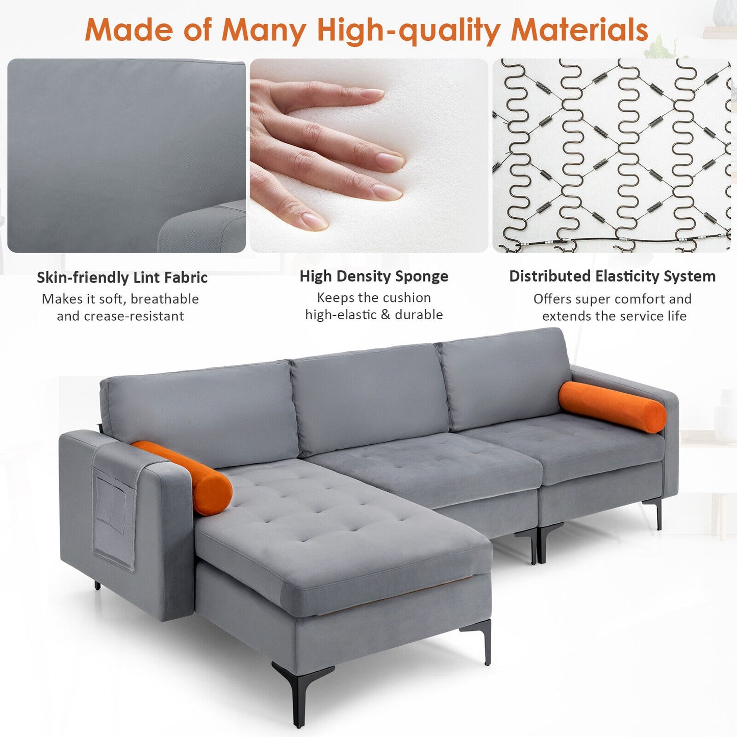 Modular L Shaped Sectional Sofa with Reversible Chaise USB Charging Ports and Hidden Storage in Grey