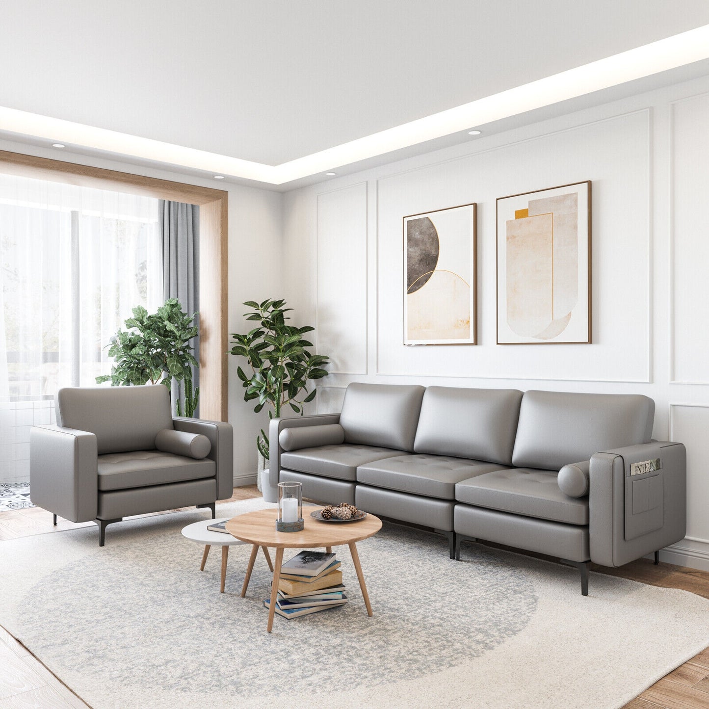 Modular 3-Seat Sofa Couch with USB Ports, Power Outlet and Storage Pocket in Light Grey