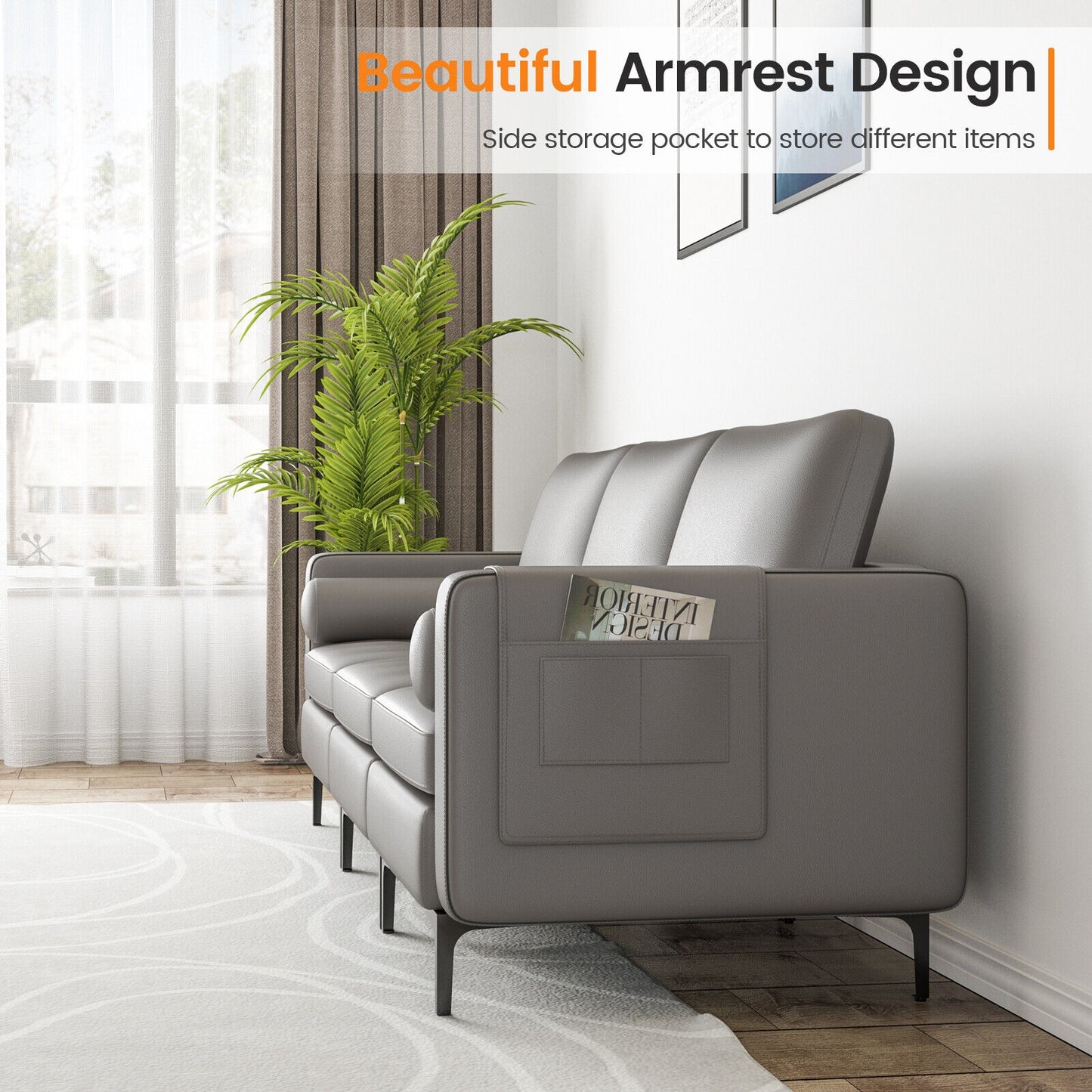 Modular 3-Seat Sofa Couch with USB Ports, Power Outlet and Storage Pocket in Light Grey
