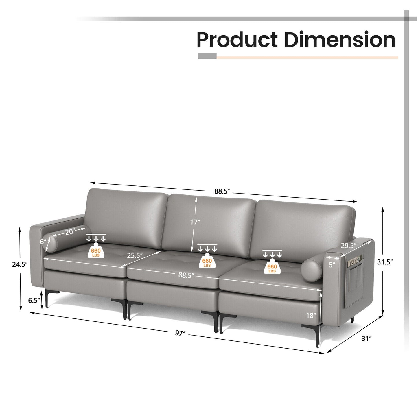 Modular 3-Seat Sofa Couch with USB Ports, Power Outlet and Storage Pocket in Light Grey