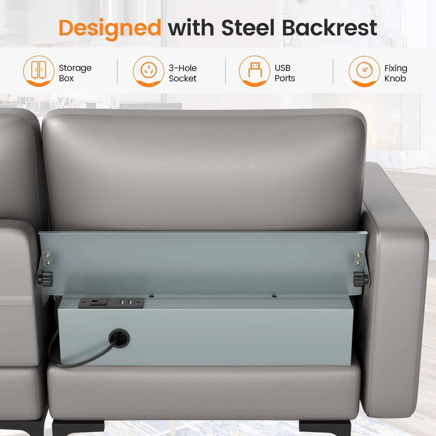 Modular 3-Seat Sofa Couch with USB Ports, Power Outlet and Storage Pocket in Light Grey